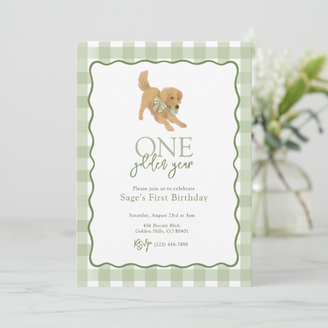 Green Golden Retriever Golden Year First Birthday Invitation (Standing Front)