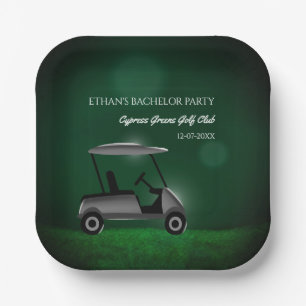 Green golf cart golfers bachelor party golf party paper plate