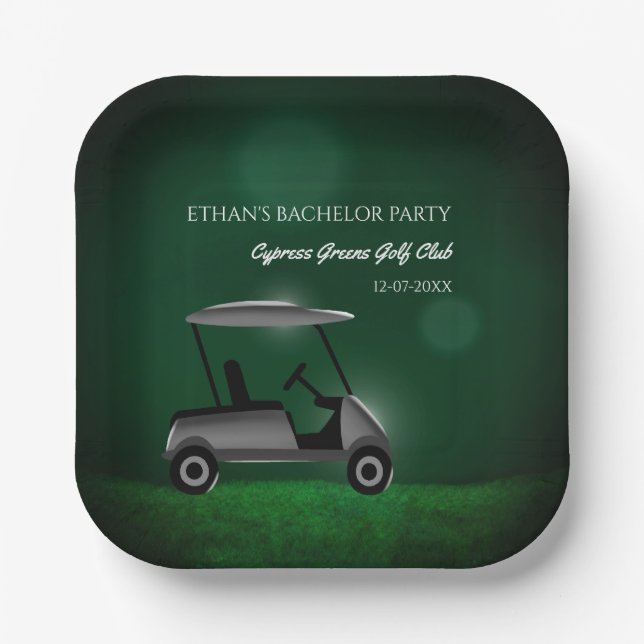 Green golf cart golfers bachelor party golf party paper plate (Front)