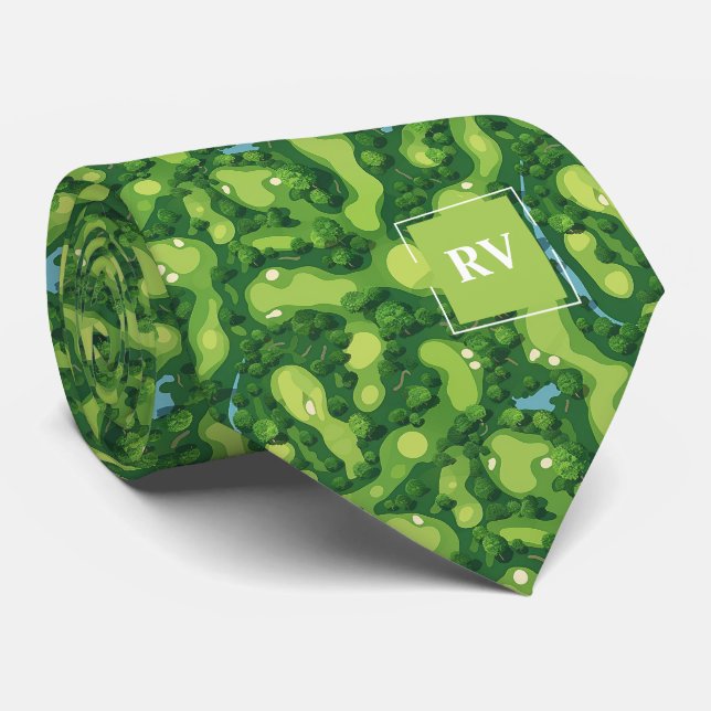 Green Golf Course Monogram Tie (Rolled)