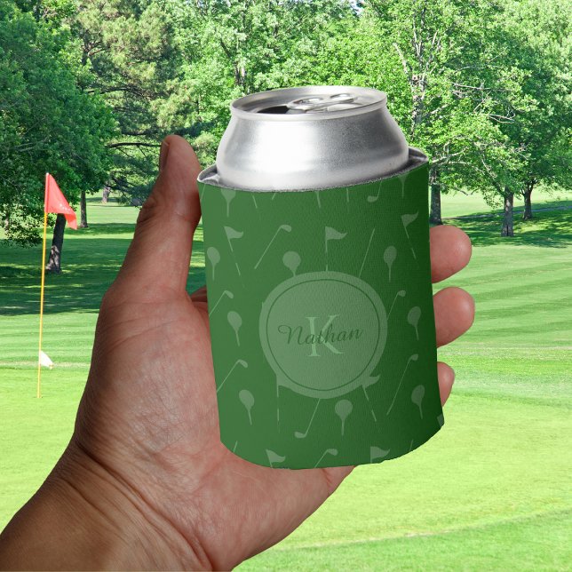 Green Golf Pattern Elegant Monogram Masculine Name Can Cooler (Creator Uploaded)