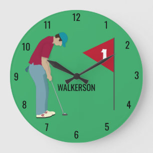 Green Golfer Putting Ball  Large Clock