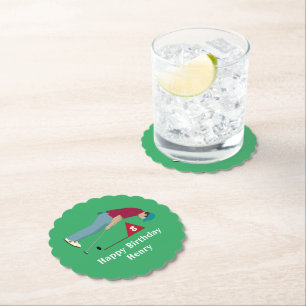 Green Golfer Putting Birthday Paper Coaster