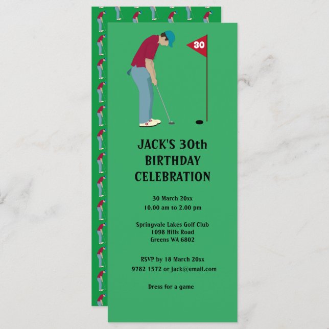 Green Golfer Putting Golf Ball Themed Invitation (Front/Back)
