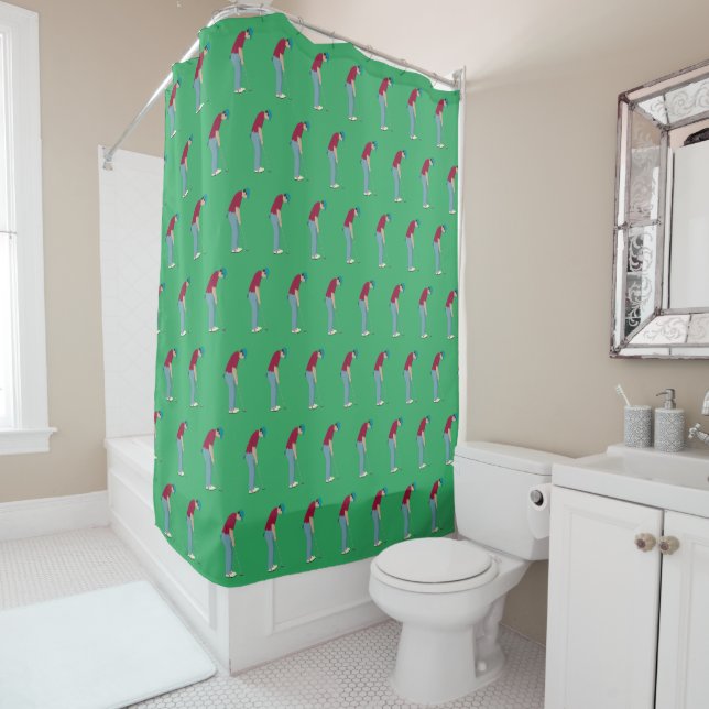 Green Golfers Putting Balls Pattern Shower Curtain (In Situ)