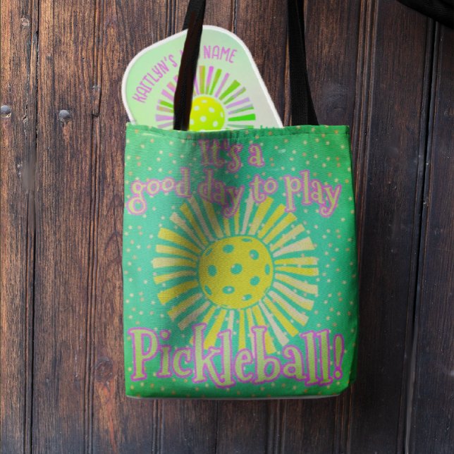 Green Good Day To Play Pickleball  Tote Bag (Pretty green background for this pickleball tote bag.)