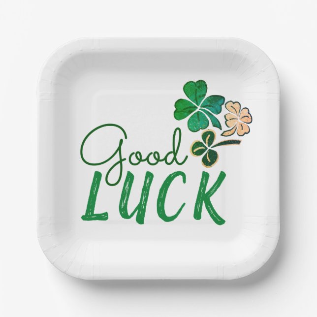 Green Good Luck Four Leaf Clover Shamrock  Paper Plate (Front)