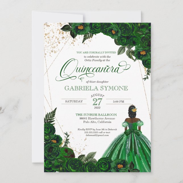 Green Gown Elegant Roses Afrolatina Quinceanera Invitation (Front)