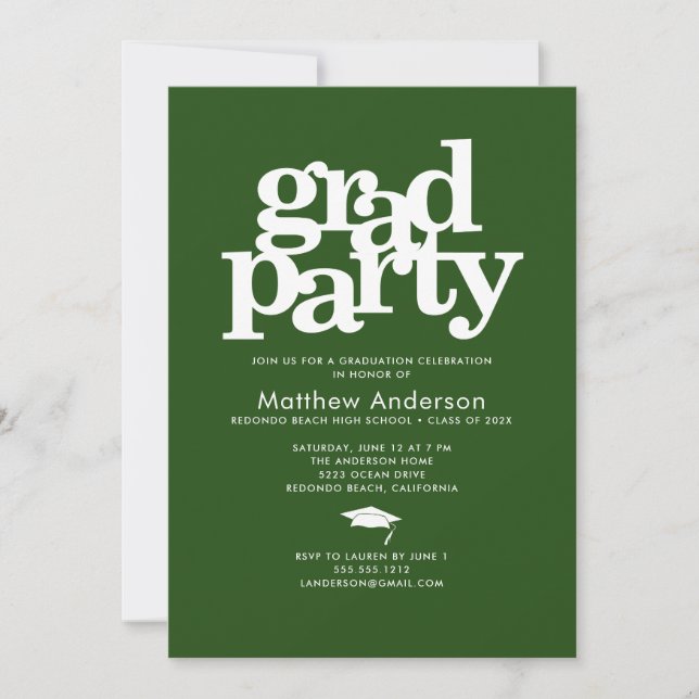 Green grad party modern bold typography simple invitation (Front)
