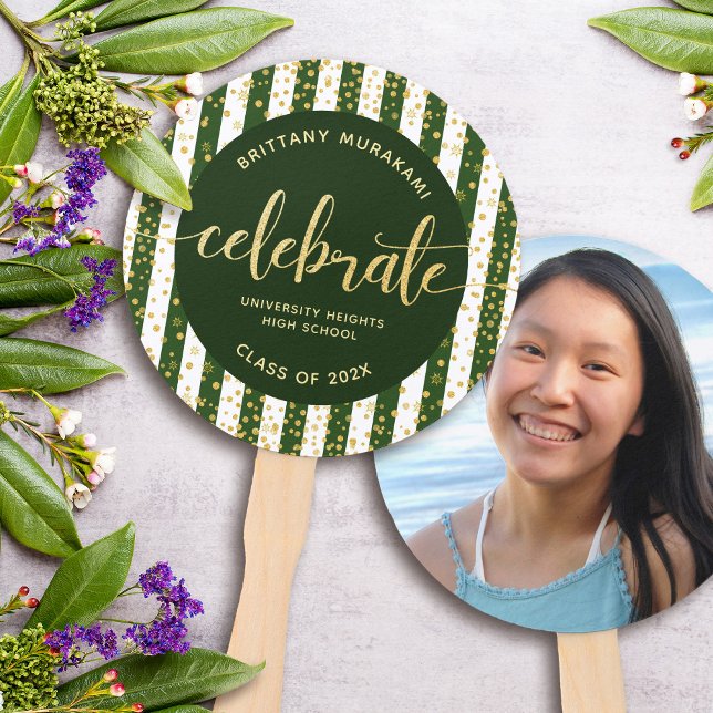 Green grad photo gold glitter script keepsake chic hand fan (Creator Uploaded)