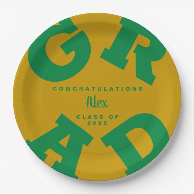 Green Grad Text on Gold Graduation Custom Name Paper Plate (Front)