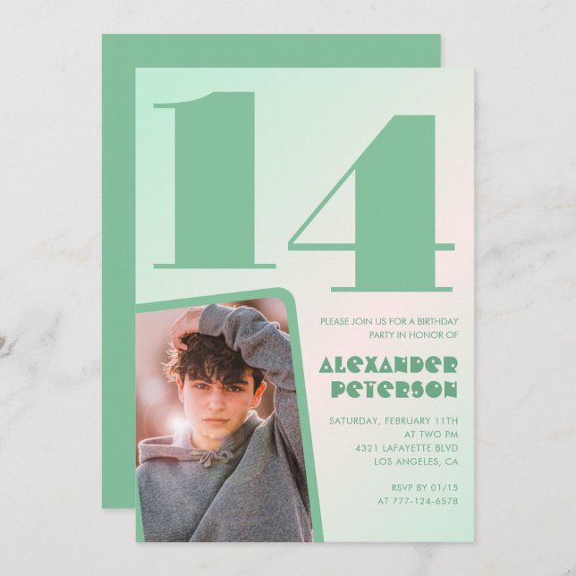 Green gradient 14th birthday invitations Boy Photo (Front/Back)
