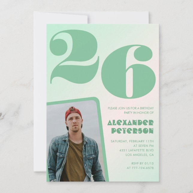 Green gradient 26th birthday invitations Boy Photo (Front)