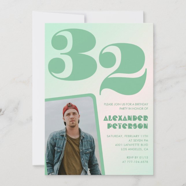 Green gradient 32nd birthday invitations Boy Photo (Front)