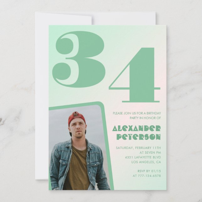 Green gradient 34th birthday invitations Boy Photo (Front)