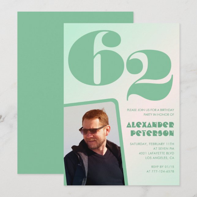 Green gradient 62nd birthday invitations Boy Photo (Front/Back)