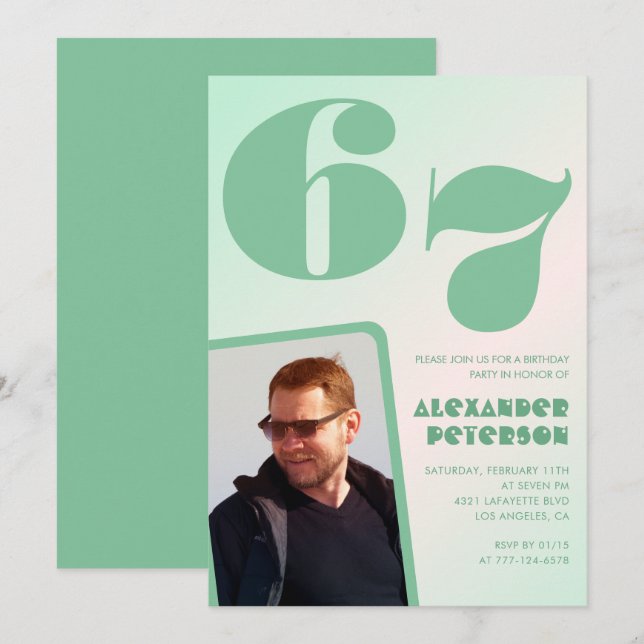 Green gradient 67th birthday invitations Boy Photo (Front/Back)
