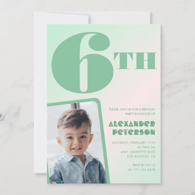 Green gradient 6th birthday invitations Boy Photo (Front)