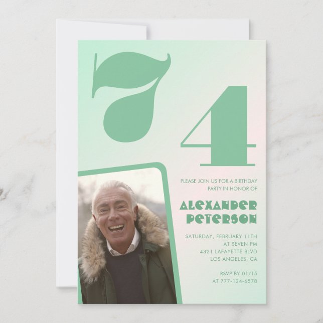 Green gradient 74th birthday invitations Boy Photo (Front)