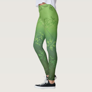 Green Gradient Striped Floral Leaf Pattern Leggings