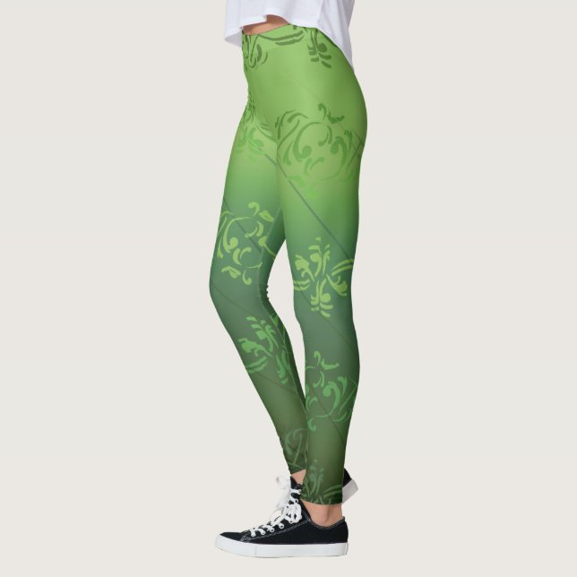 Green Gradient Striped Floral Leaf Pattern Leggings (Left)