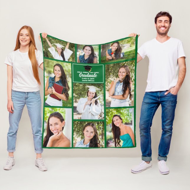Green Graduate Photo Collage Custom Graduation Fleece Blanket (In Situ)