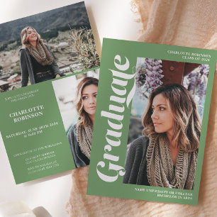 Green graduate script 3 photo graduation invitation