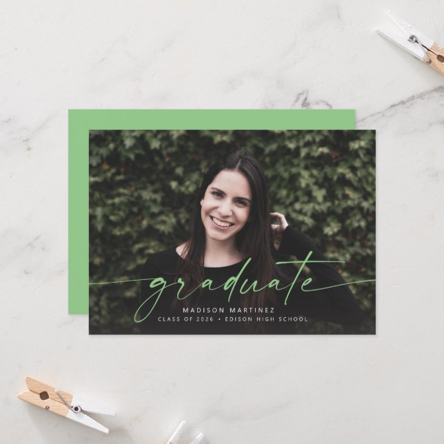 Green Graduate Script Graduation Announcement (Front/Back In Situ)