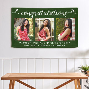 Green Graduation 3 Photo Modern Calligraphy Hearts Banner