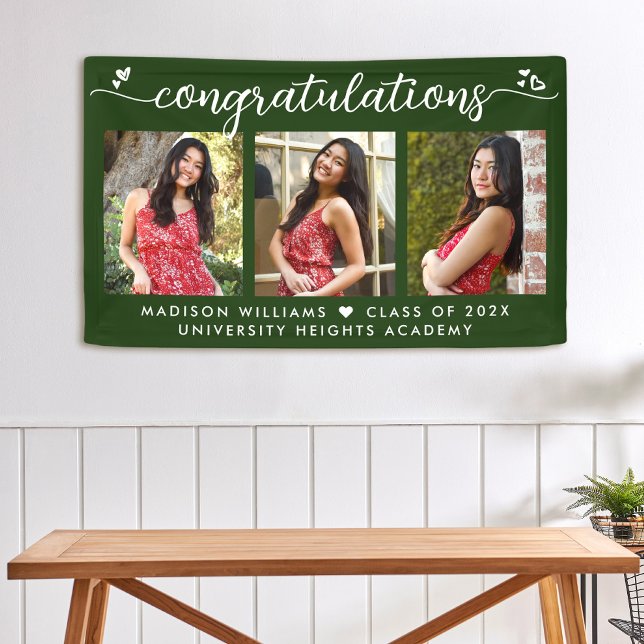Green Graduation 3 Photo Modern Calligraphy Hearts Banner (Creator Uploaded)