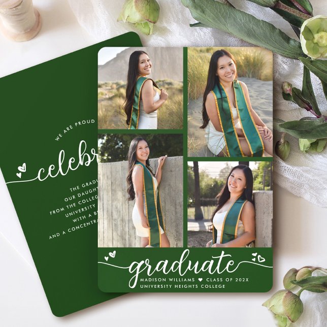 Green Graduation 4 Photo Calligraphy Hearts Modern Announcement (Creator Uploaded)