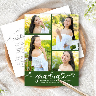 Green Graduation 4 Photo Modern Girly Script Heart Invitation Postcard