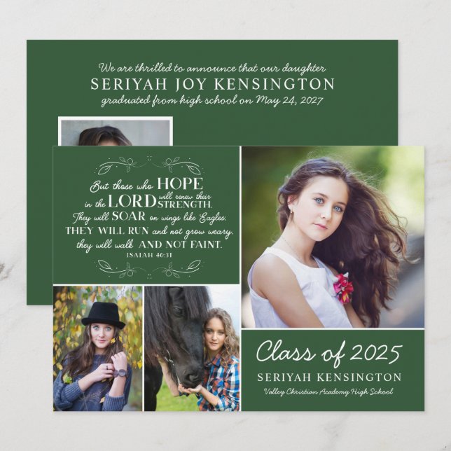 Green Graduation Bible Verse Photo Collage Invitation (Front/Back)