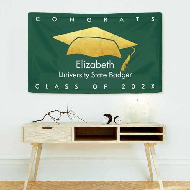 Green Graduation Bold Modern Simple Gold Cap Banner (Creator Uploaded)