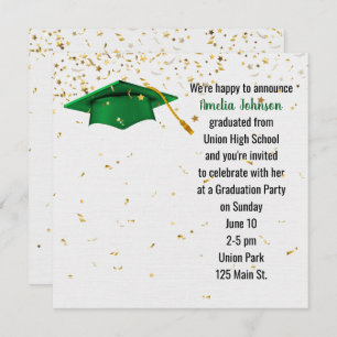 Green Graduation Cap with Gold Confetti Invitation
