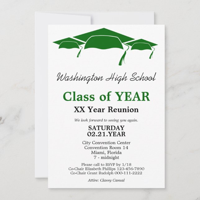 Green Graduation Caps Class Reunion Template (Front)