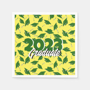 Green Graduation Caps Tossed in the Air on Yellow Napkin