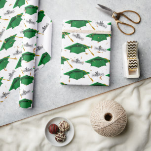 Green Graduation Caps with Diplomas Wrapping Paper