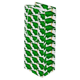green graduation caps with gold tassel wine gift bag