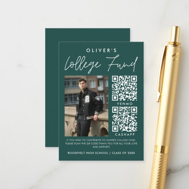 Green Graduation College Fund 2 QR Code Photo Enclosure Card (Front/Back In Situ)