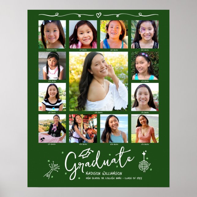 Green Graduation K–12 Photo Collage White Doodles Poster (Front)