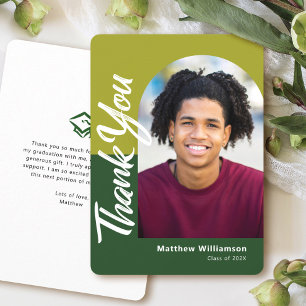 Green Graduation Photo Bold Arch Script Modern Thank You Card