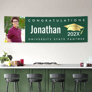 Green graduation photo gold cap modern bold simple banner