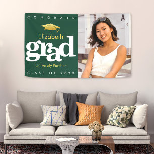 Green graduation photo gold cap simple bold modern banner