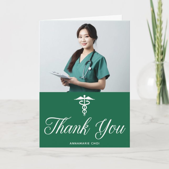 Green Graduation Photo Medical School Doctor Thank You Card (Front)
