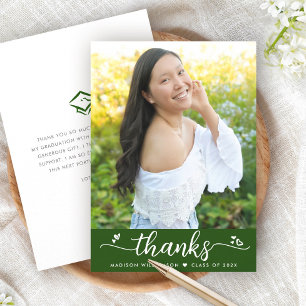 Green Graduation Photo Modern Elegant Script Heart Thank You Card