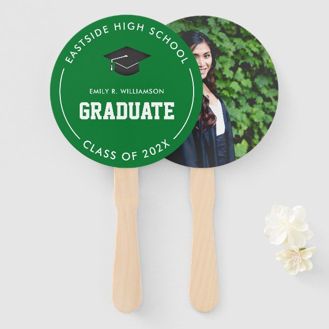 Green Graduation Photo Personalised Hand Fan (Front and Back)