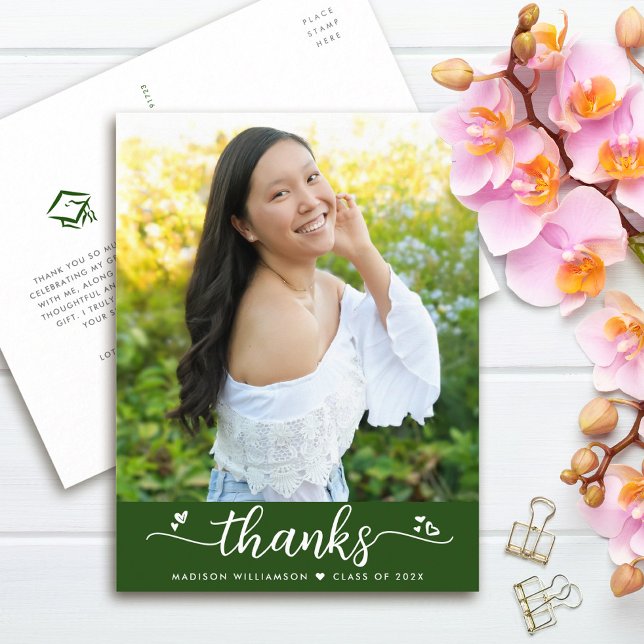 Green Graduation Photo Script Hearts Thank You Postcard (Creator Uploaded)