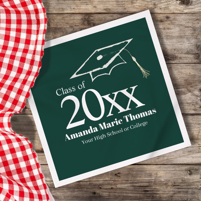 Green Graduation Script Name Class Year Design Napkin (Green graduation napkin styled with coffee cup, custom name and class year design)
