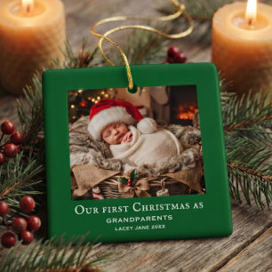 Green Grandparents First Christmas Baby Photo  Ceramic Ornament
